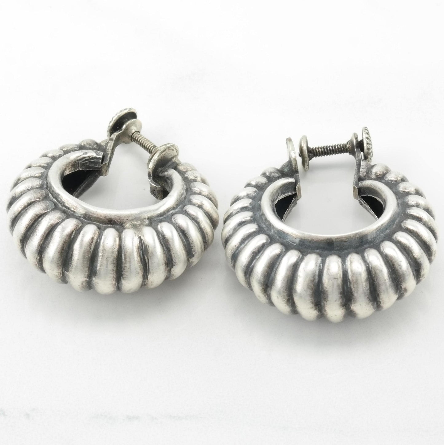 Vintage Taxco Oxidized Scalloped Screw Back Hoop Earrings Sterling Silver