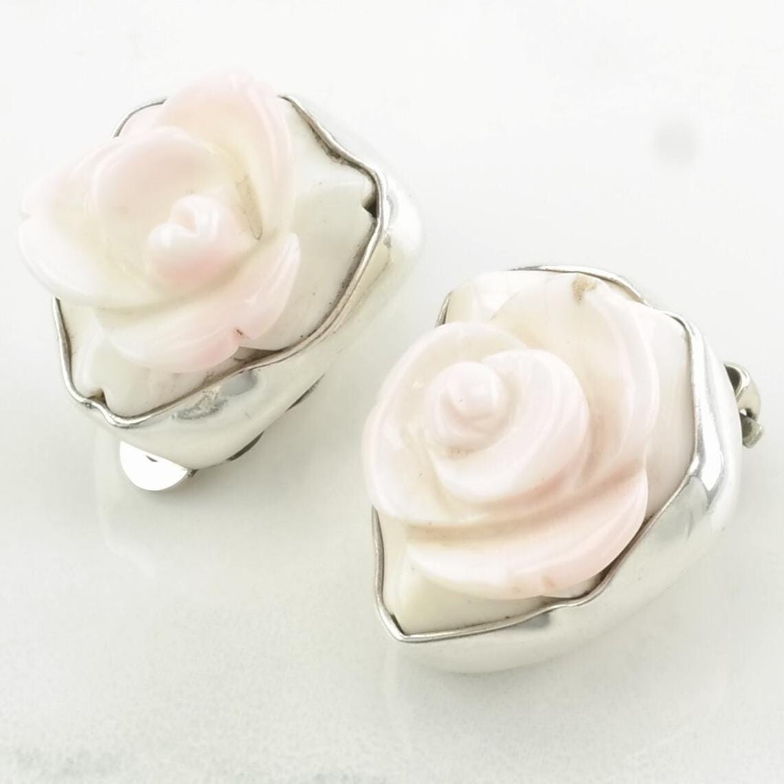 Vintage Sterling Silver Clip on Earrings Charles Albert Pink Carved Rose Pink Conch