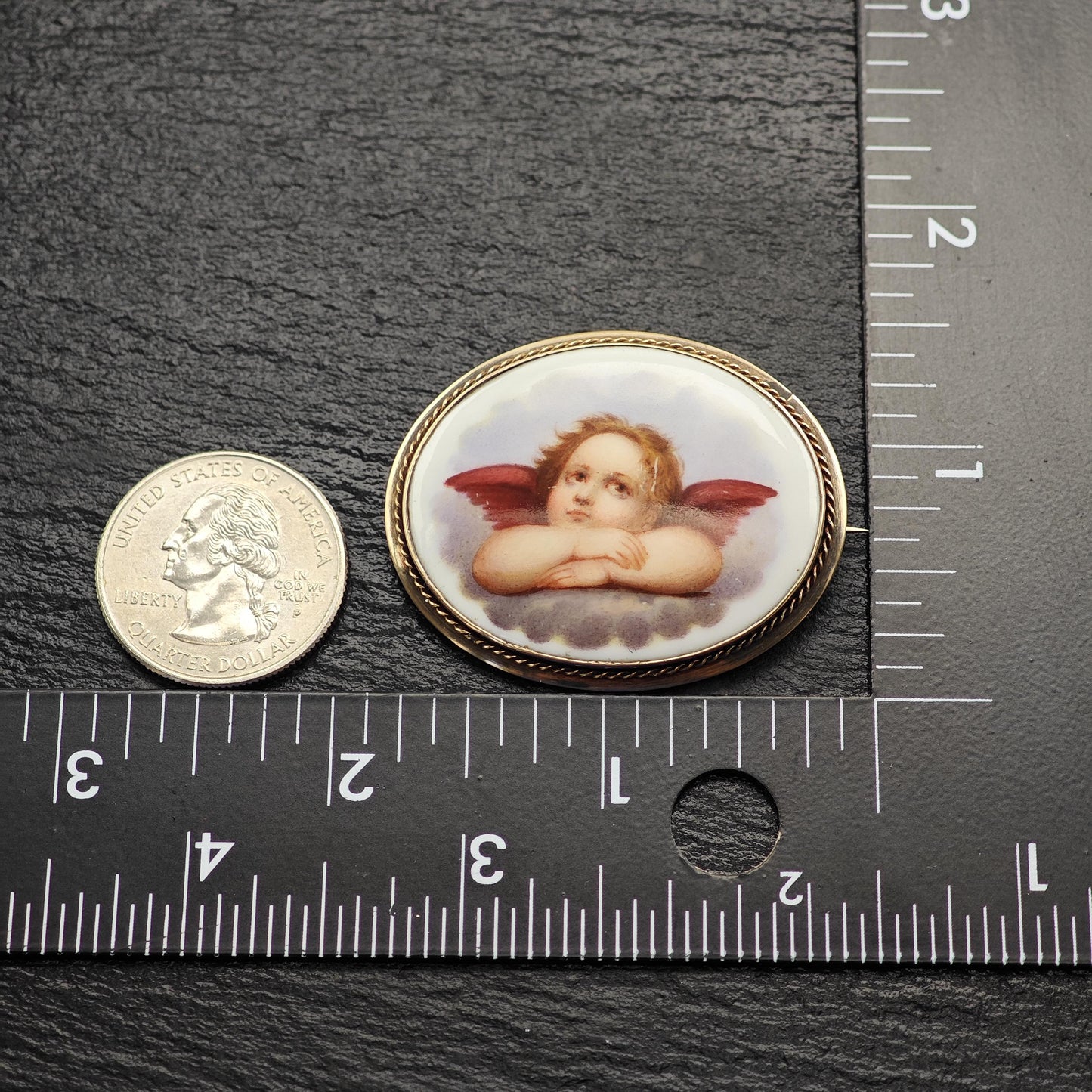 Antique, Victorian Cherub Porcelain Brooch 9-10K Gold