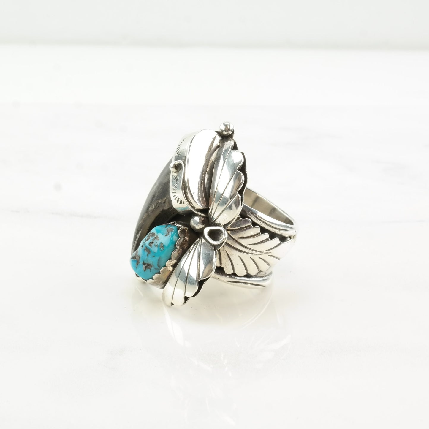 Native American Silver Ring Turquoise Fang Leaf Stamped Sterling Size 9 1/2