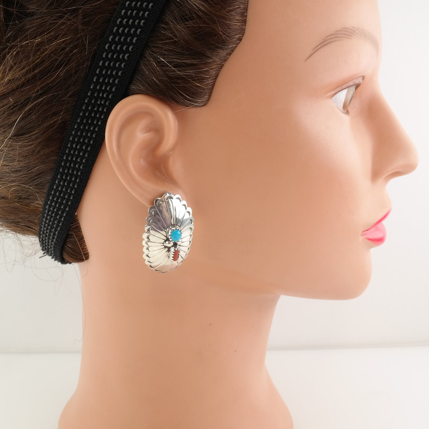 Native American Sterling Silver Turquoise Coral Concho Earrings Stud