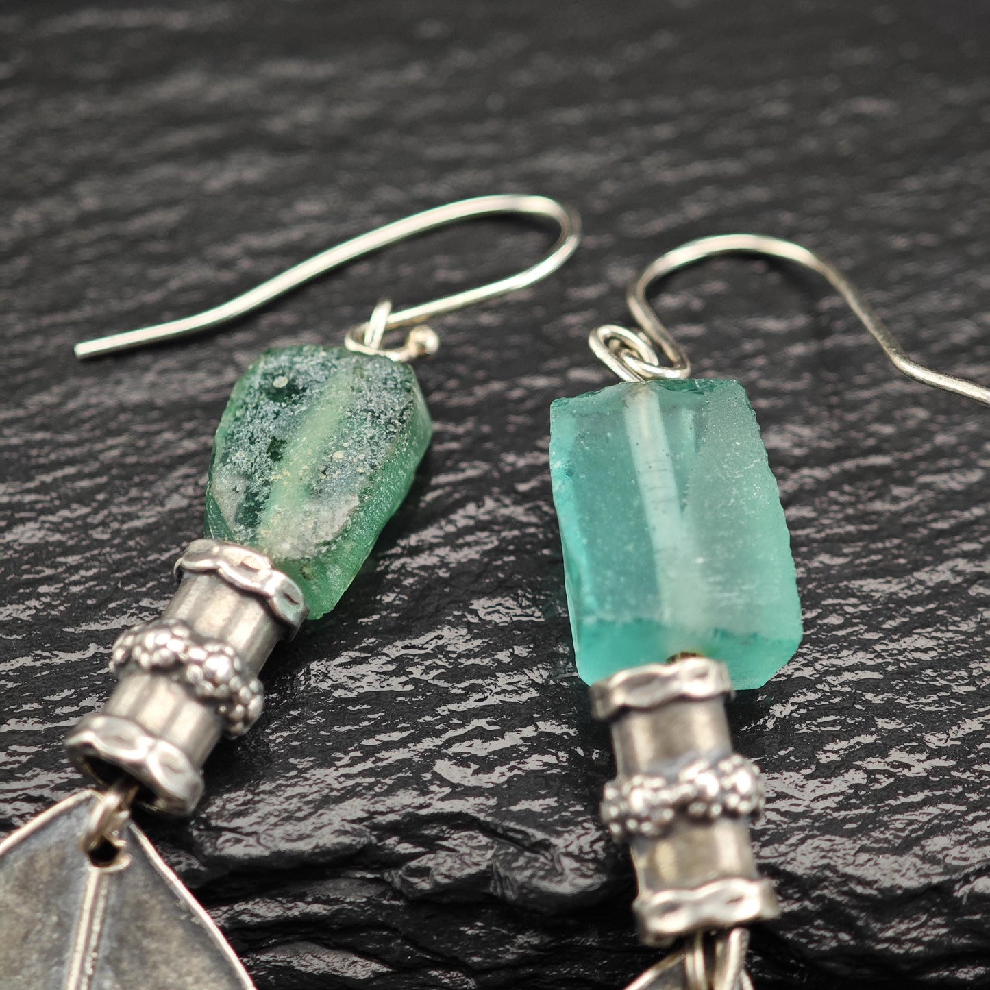 Vintage Green Sea Glass, Leaf Fish Hook Earrings Sterling Silver