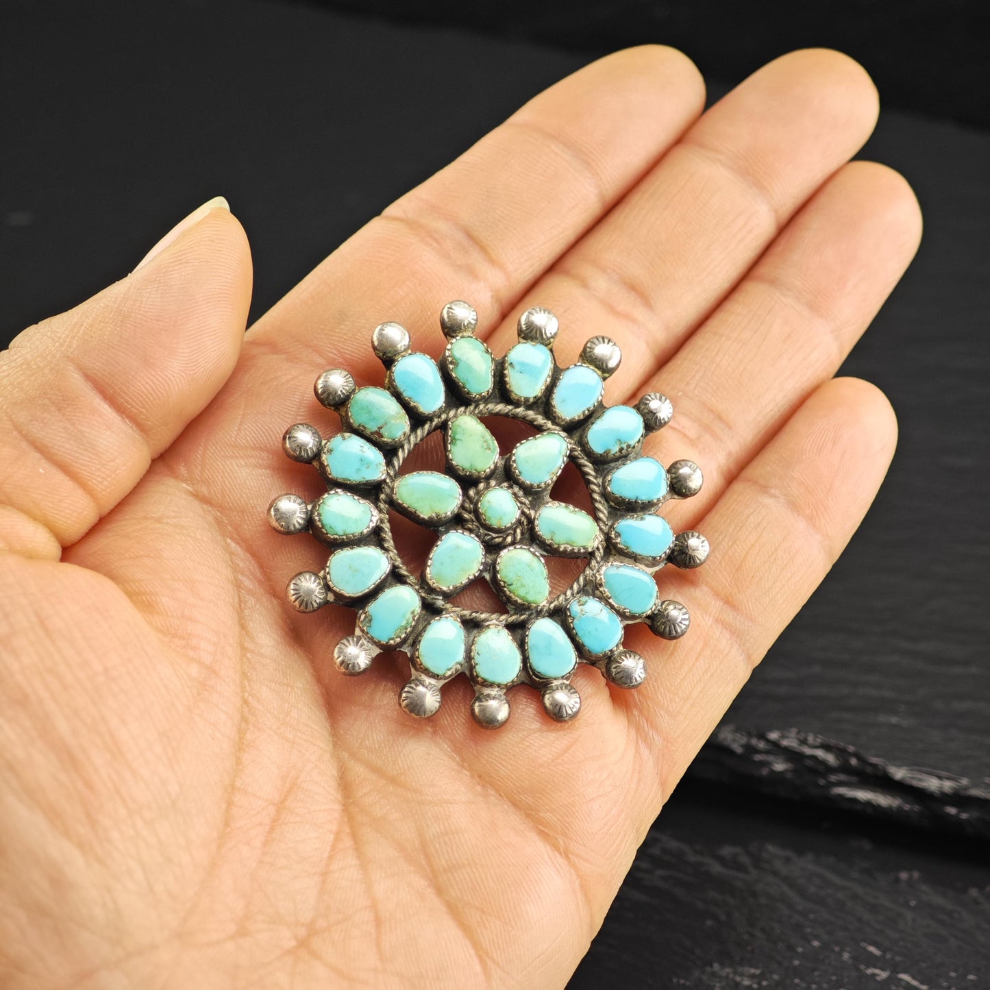 Floral Turquoise Cluster Sterling Silver Brooch