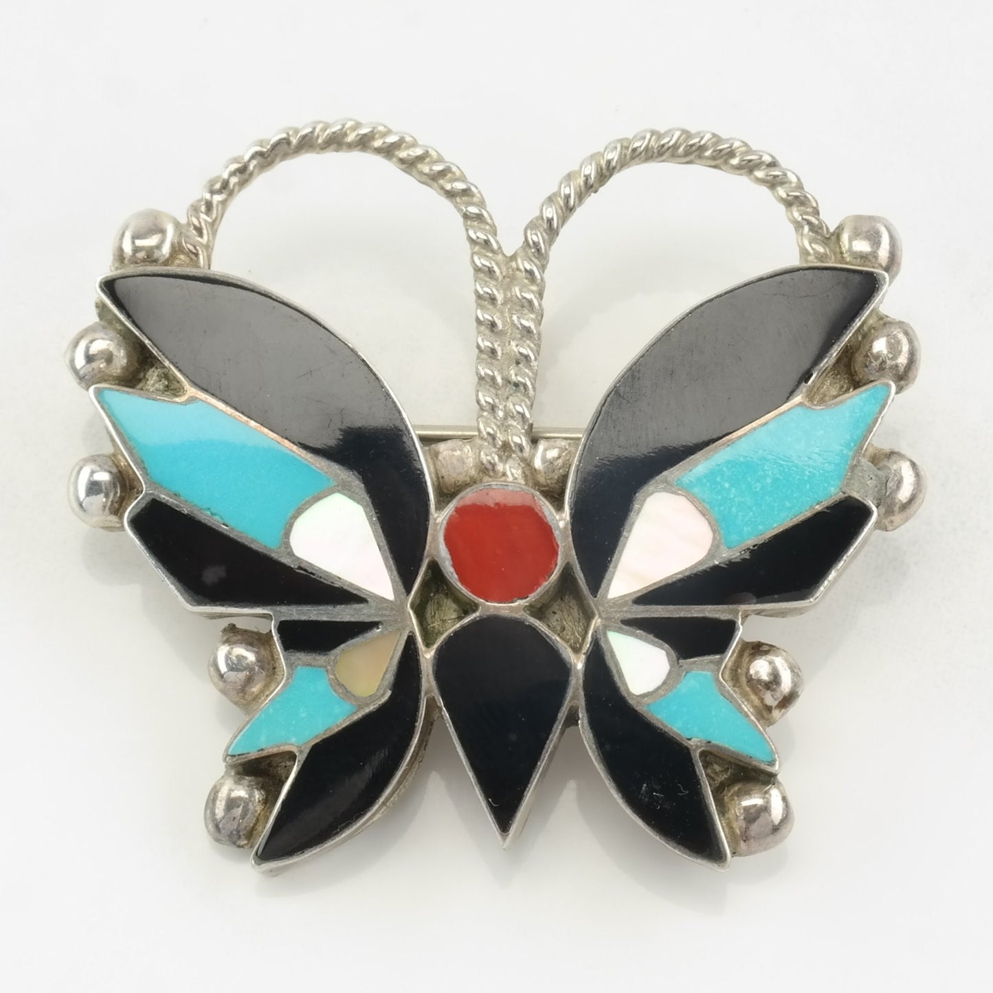 Zuni Brooch Pendant Butterfly, Multi Gem Inlay Sterling Silver