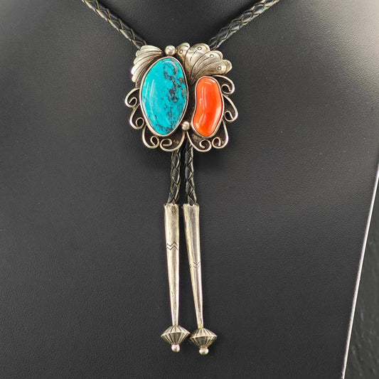 Native American Bolo Tie Necklace with Blue Turquoise, Red Coral Floral Design Sterling Silver