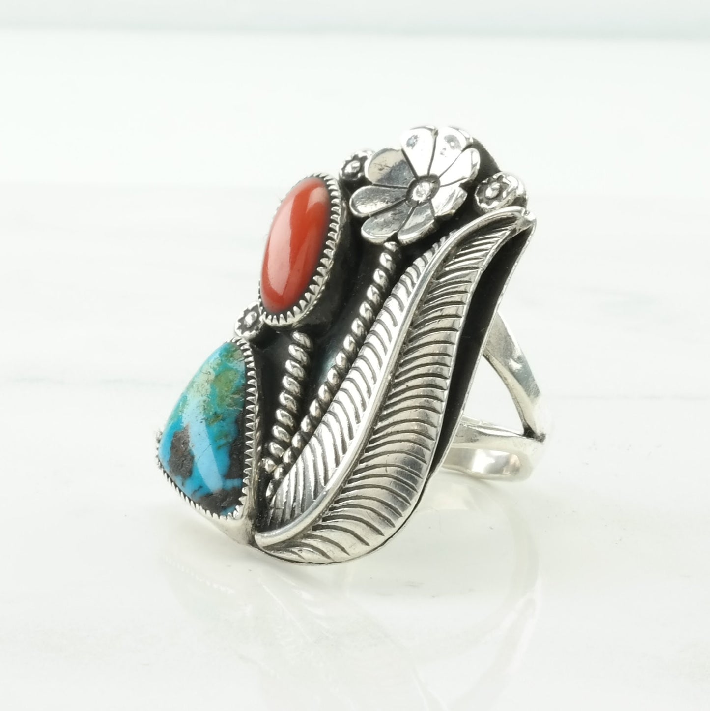 Native American Silver Ring Turquoise, Coral Flowers Sterling Size 8 3/4