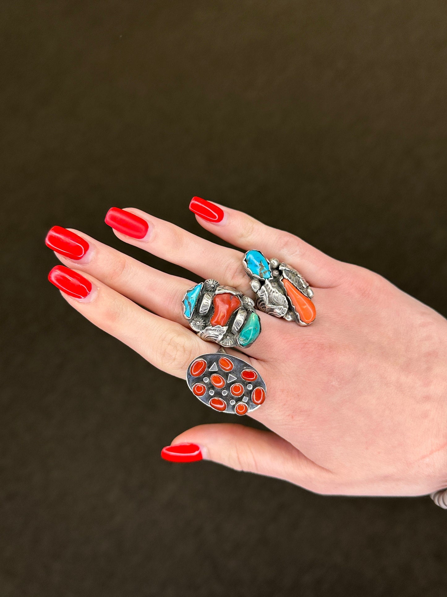 Zuni Sterling Silver Turquoise Coral Ring Native American