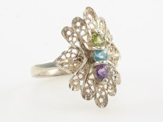 Multi-color Gemstone Silver Ring Size 8 Vintage Filigree Sterling