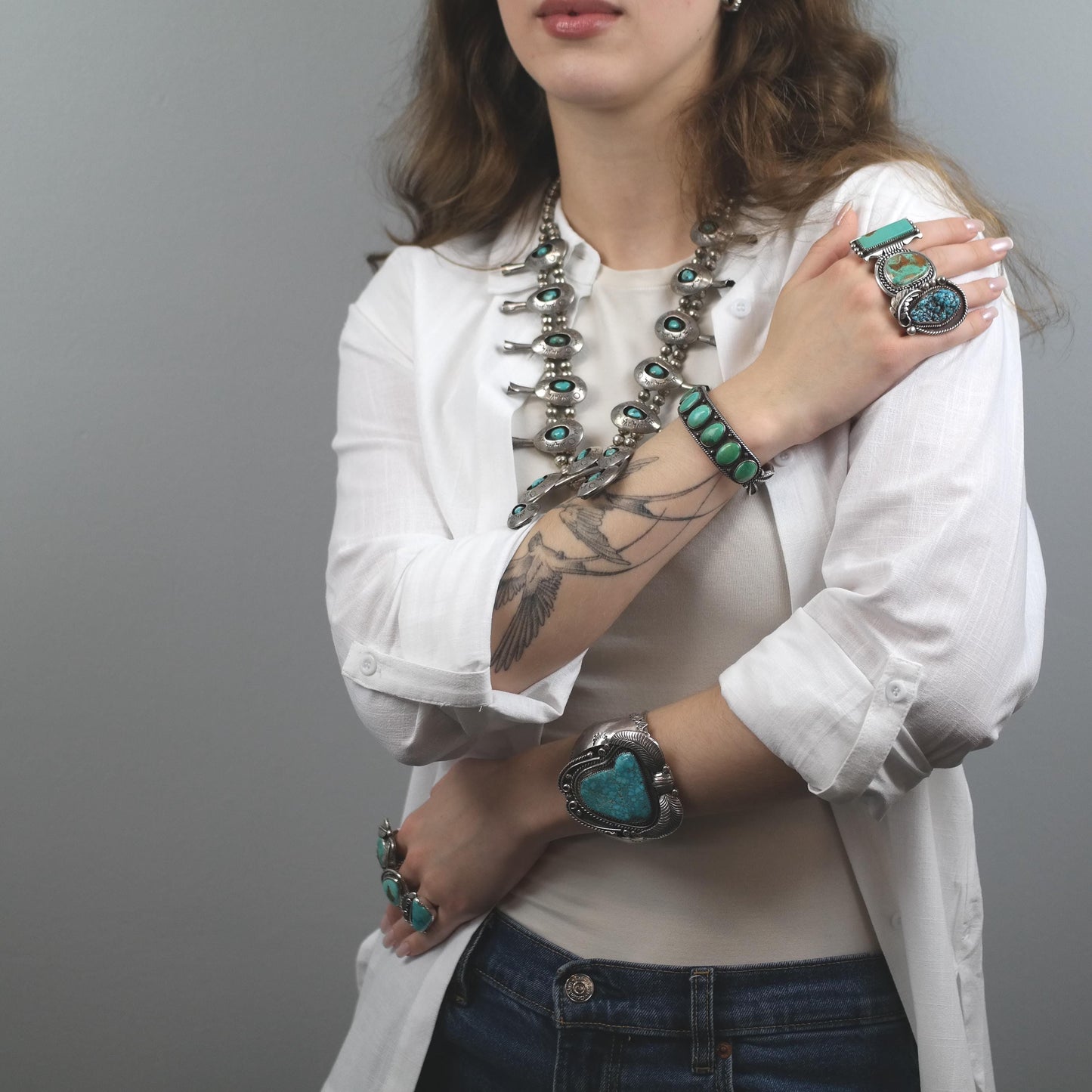 Ingot Silver, Native American Sterling Silver Cuff Bracelet Green, Blue Turquoise 5 Stone