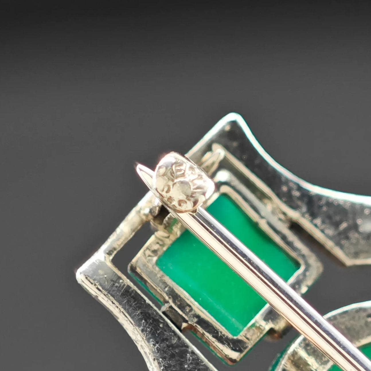 Art Deco Sterling Silver Brooch Oval Green Onyx, Marcasite B2141
