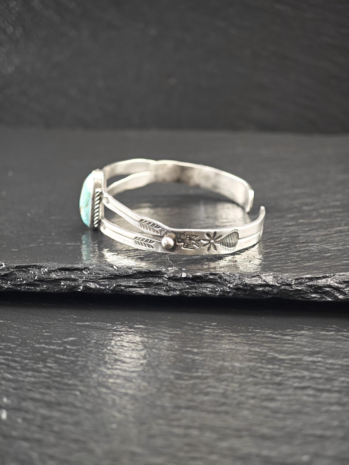Curio Native American, Stamped Natural Turquoise Cuff Bracelet Sterling Silver