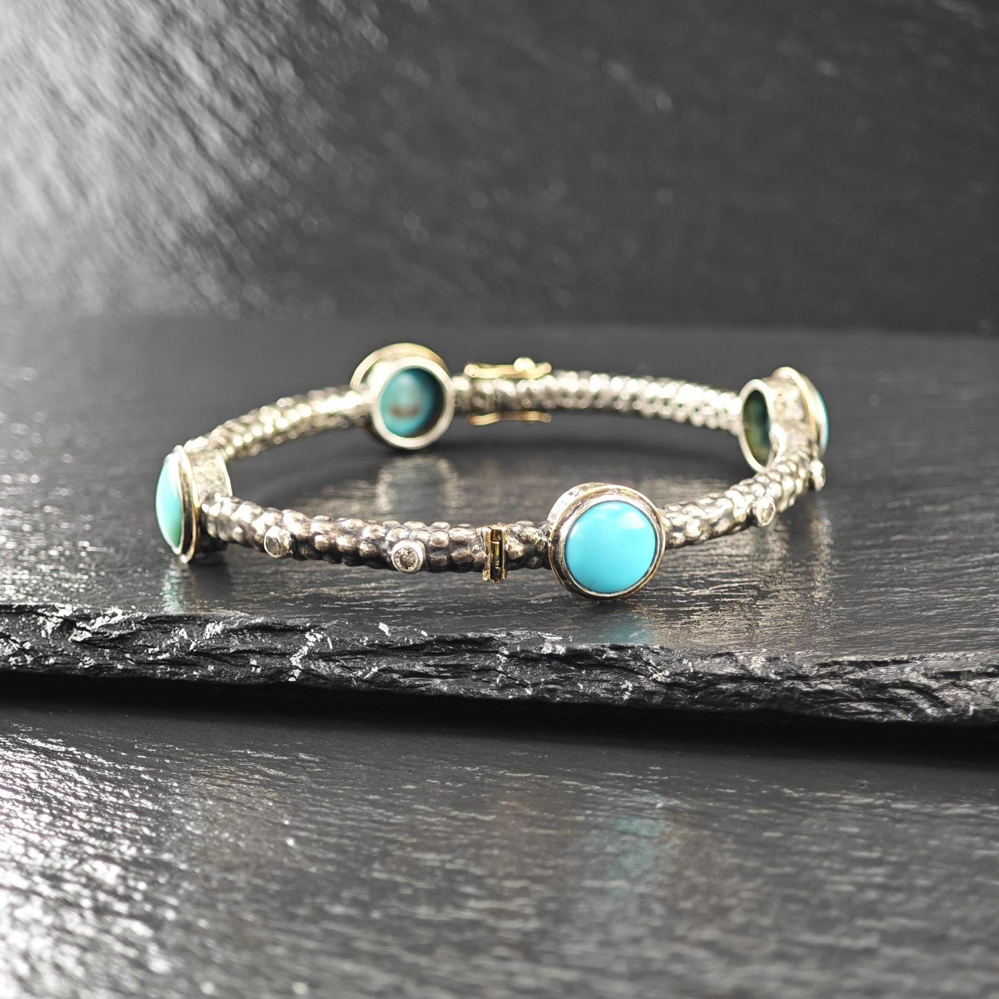 Brutalist Turquoise Diamond 18K Gold Accent Sterling Silver Bangle Bracelet