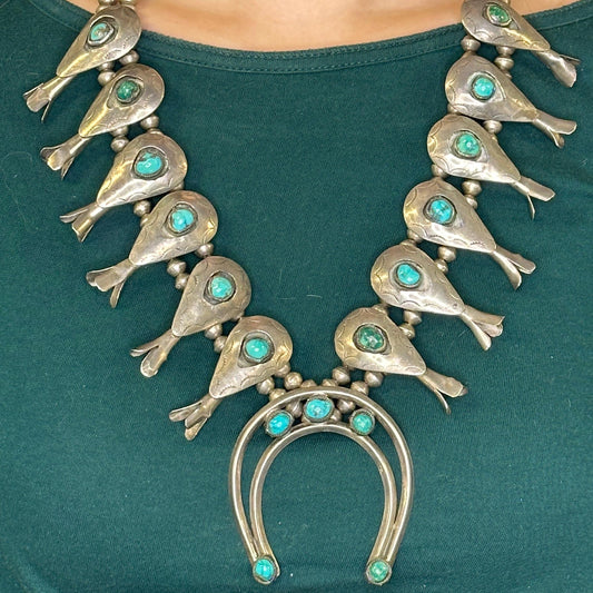 Vintage Native American Sterling Silver Turquoise Shadowbox, Stamped Necklace Squash Blossom