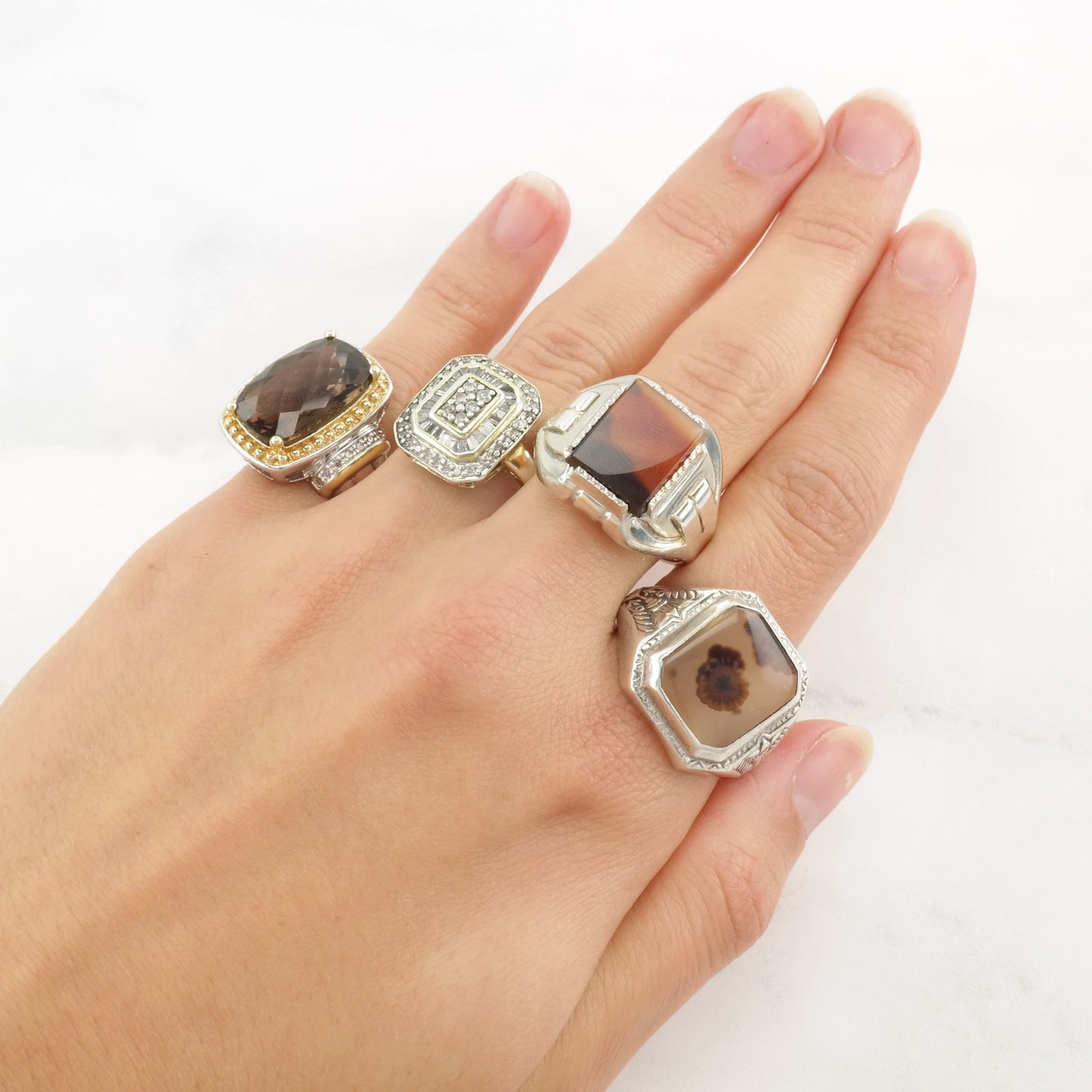 Vintage Designer Ring Smoky Quartz, Diamond Gold Tone Accent Sterling Silver Size 10