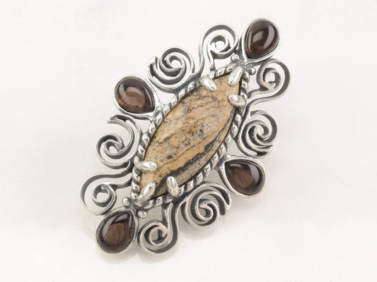 Vintage Relios Jasper, Smoky Quartz Sterling Silver Pendant