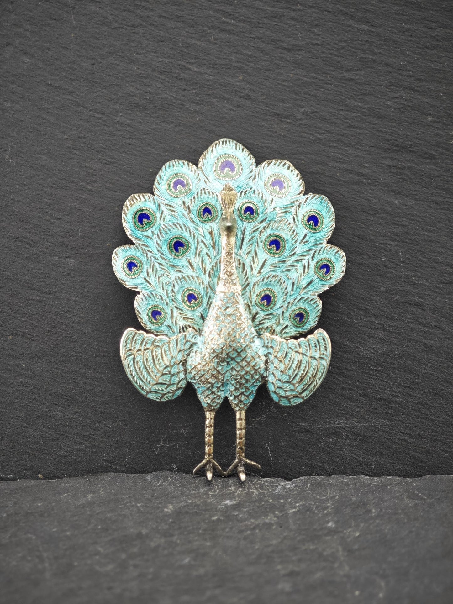 Vintage Siam, Enamel, Peacock Sterling Silver Brooch