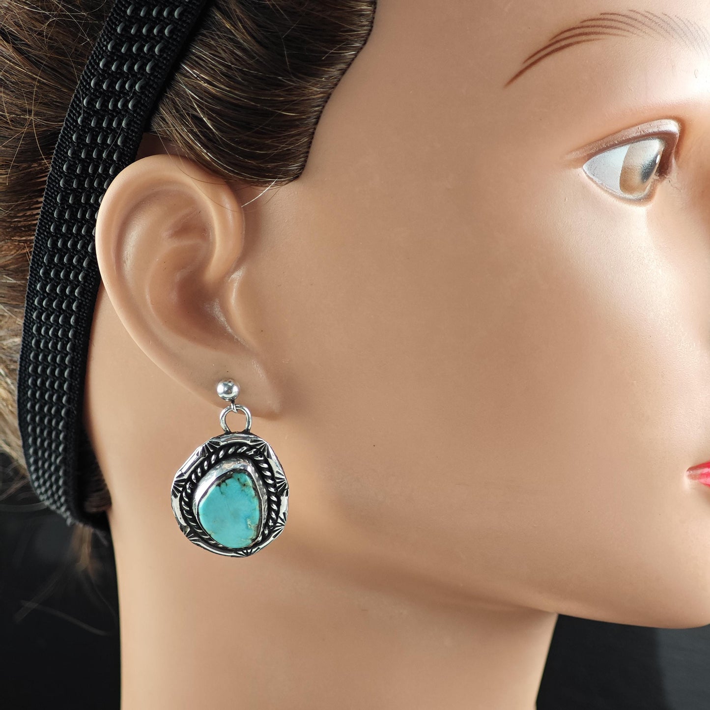 Southwest Turquoise, Stamped Stud/Dangle Earrings Sterling Silver