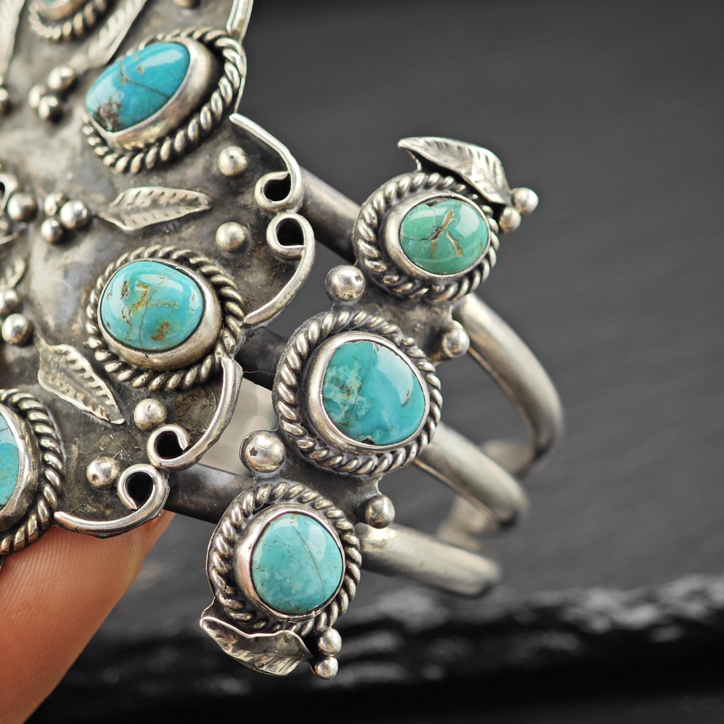 Large Turquoise Floral Cuff Bracelet Native American Sterling Silver