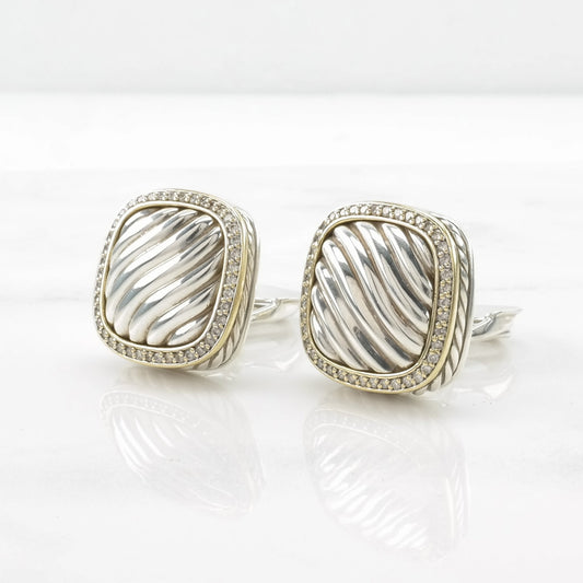 David Yurman Diamond Sterling Silver 18k Gold Clip On Earrings 1/2 cttw Sculpted Cable