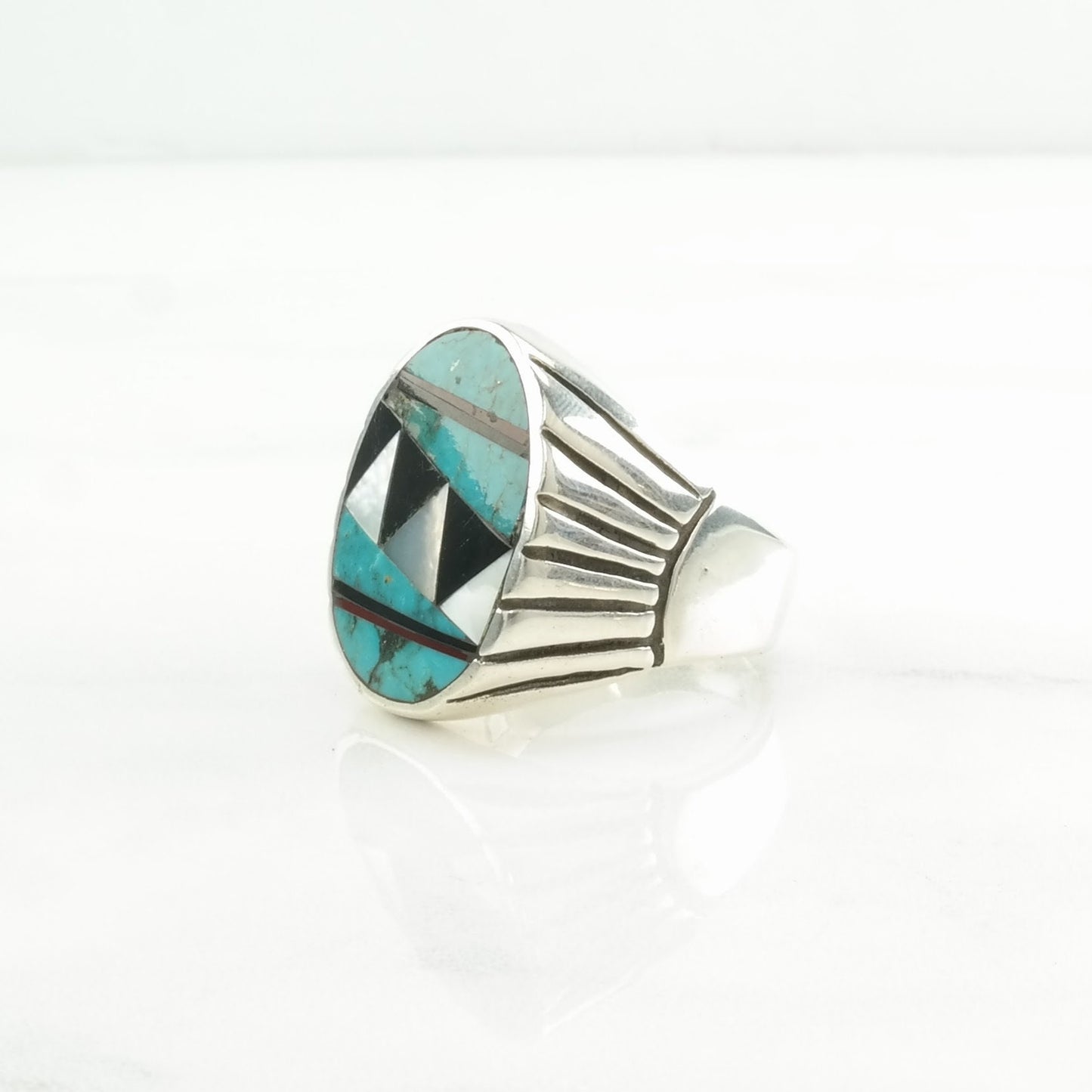 Native American Silver Ring Turquoise, Onyx, MOP Inlay Sterling Blue, Black, White Size 12 3/4