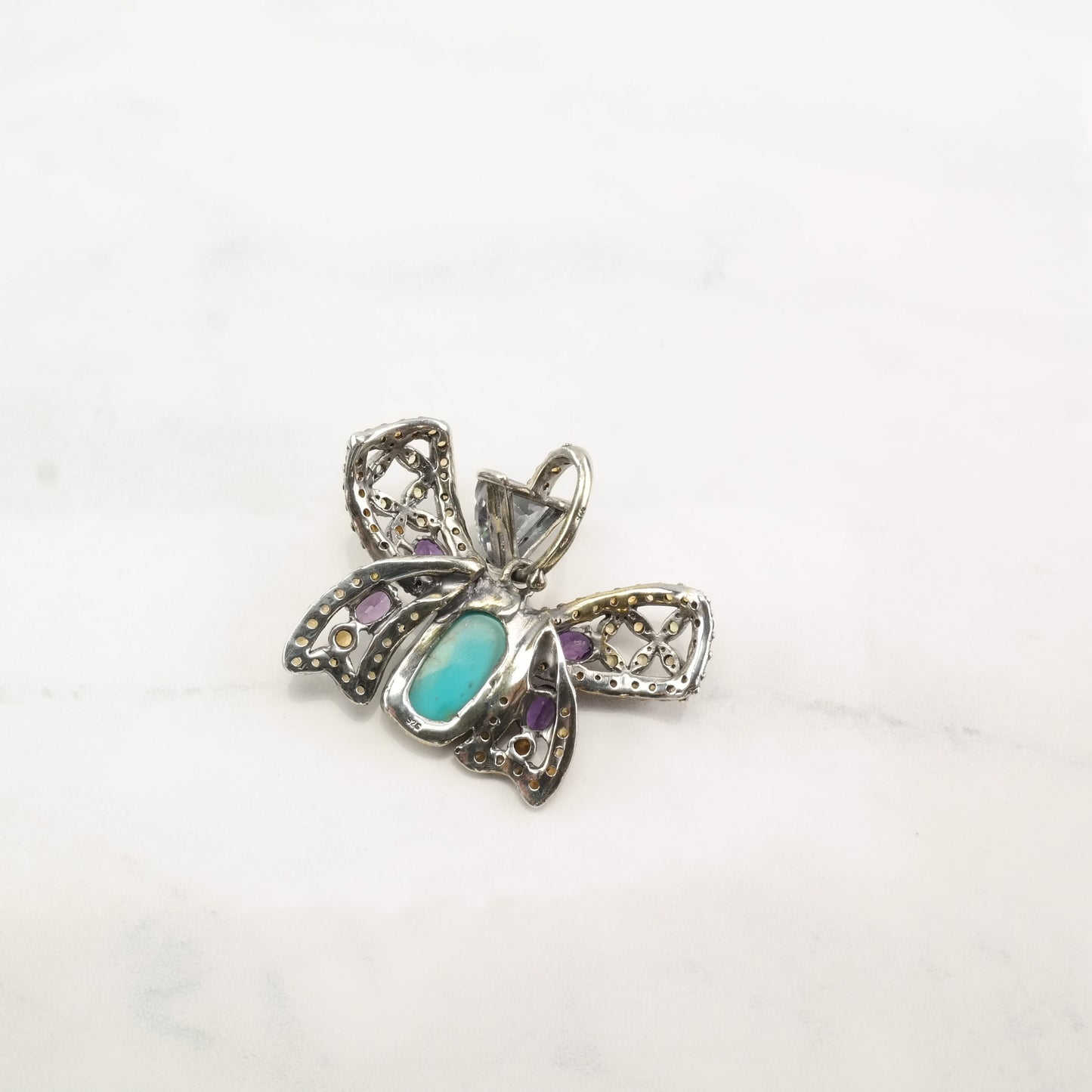 Vintage Turquoise Amethyst Sapphire Butterfly Sterling Silver Pendant