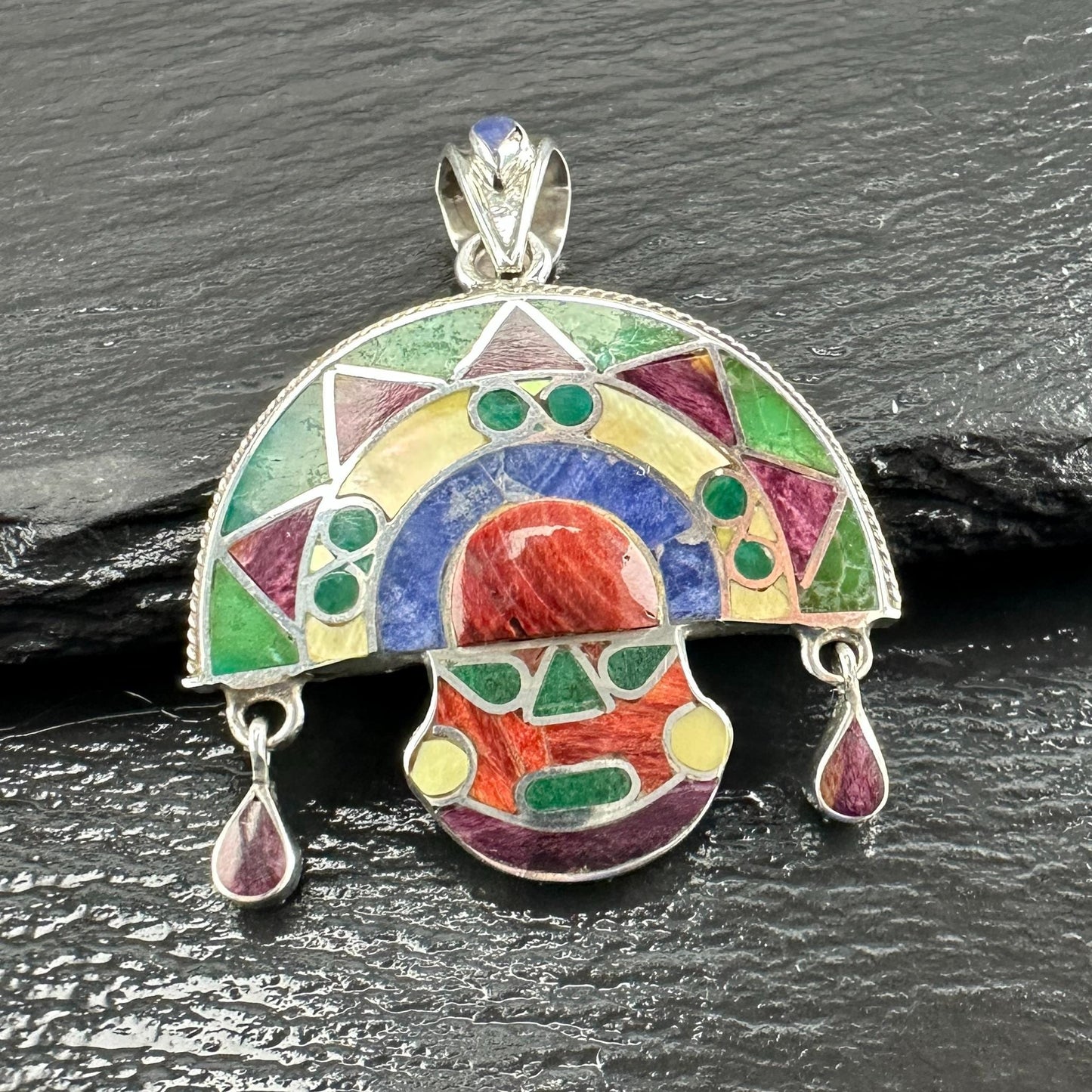 Vintage Gemstone Inlay Tumi Pendant Sterling Silver