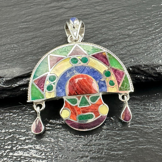 Vintage Gemstone Inlay Tumi Pendant Sterling Silver