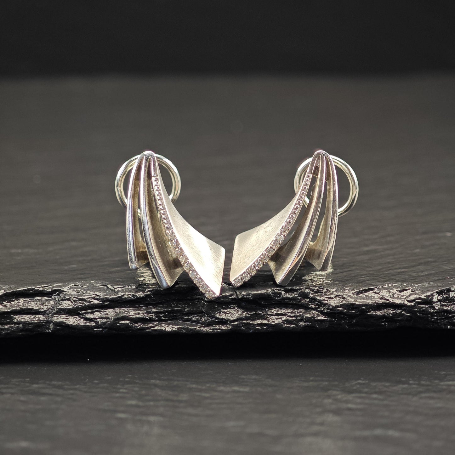 White Diamonds Modernist Omega Back Earrings Sterling Silver