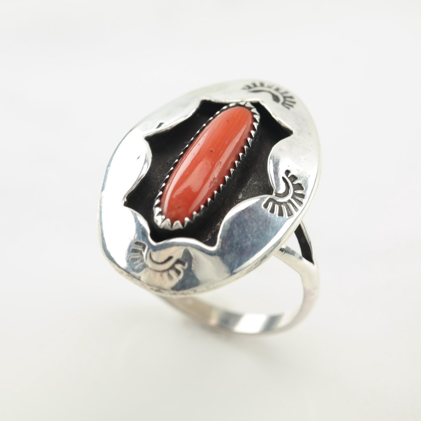 Coral Shadow Box Native American Silver Ring Sterling Size 9 1/2