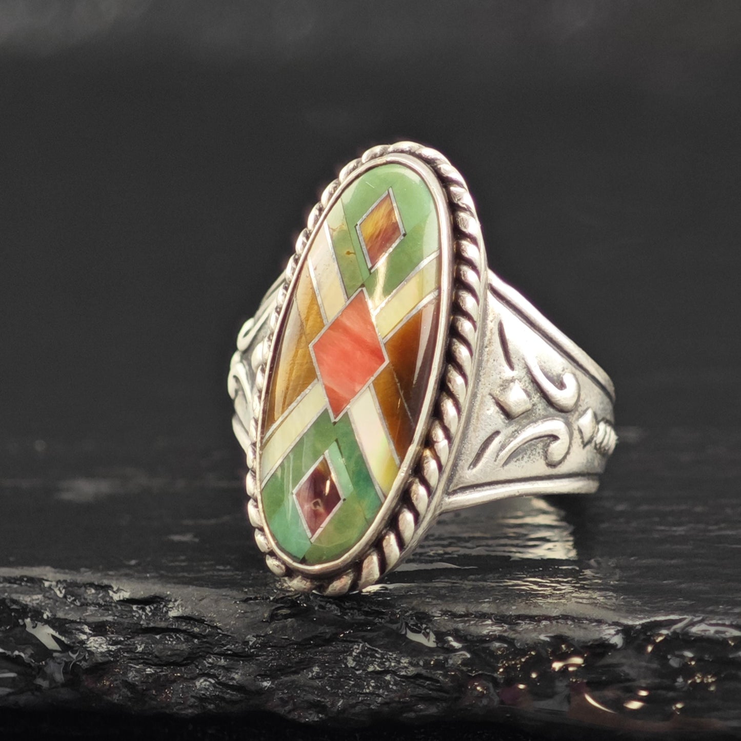 Relios Multistone Inlay Sterling Silver Ring Sz 7 1/4 R6560