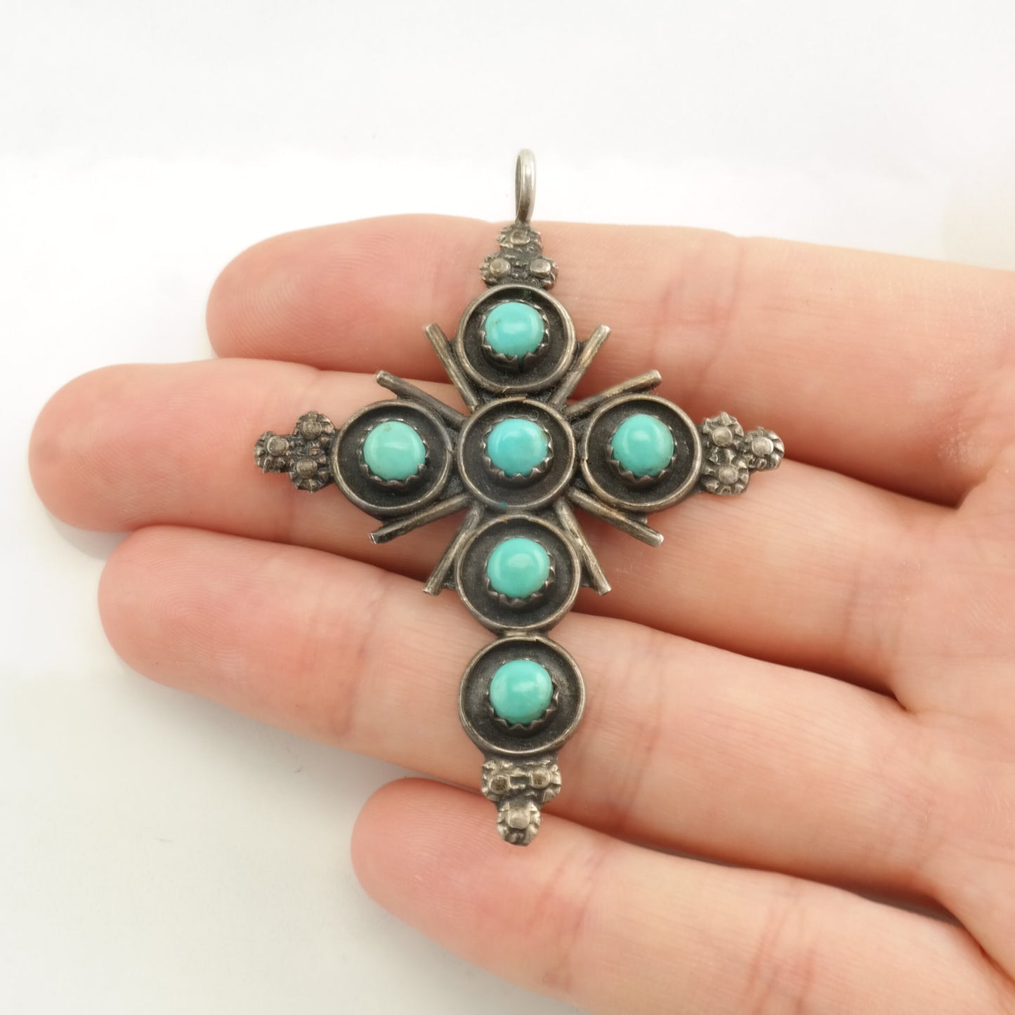 Zuni Turquoise Cross, Snake Eye Sterling Silver Pendant