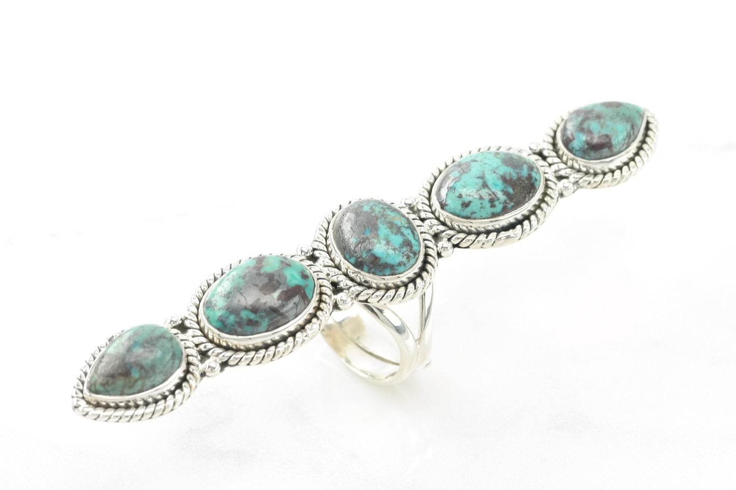 Vintage Turquoise Long Navette Ring Sterling Silver Adjustable