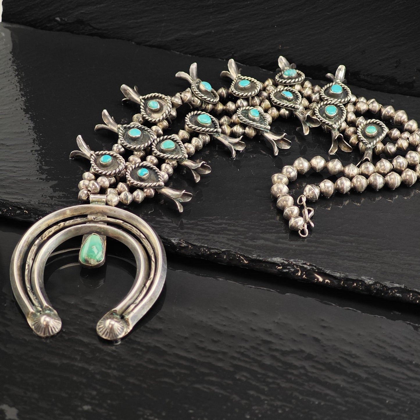 Vintage Navajo Turquoise Sterling Silver Squash Blossom Necklace N2729