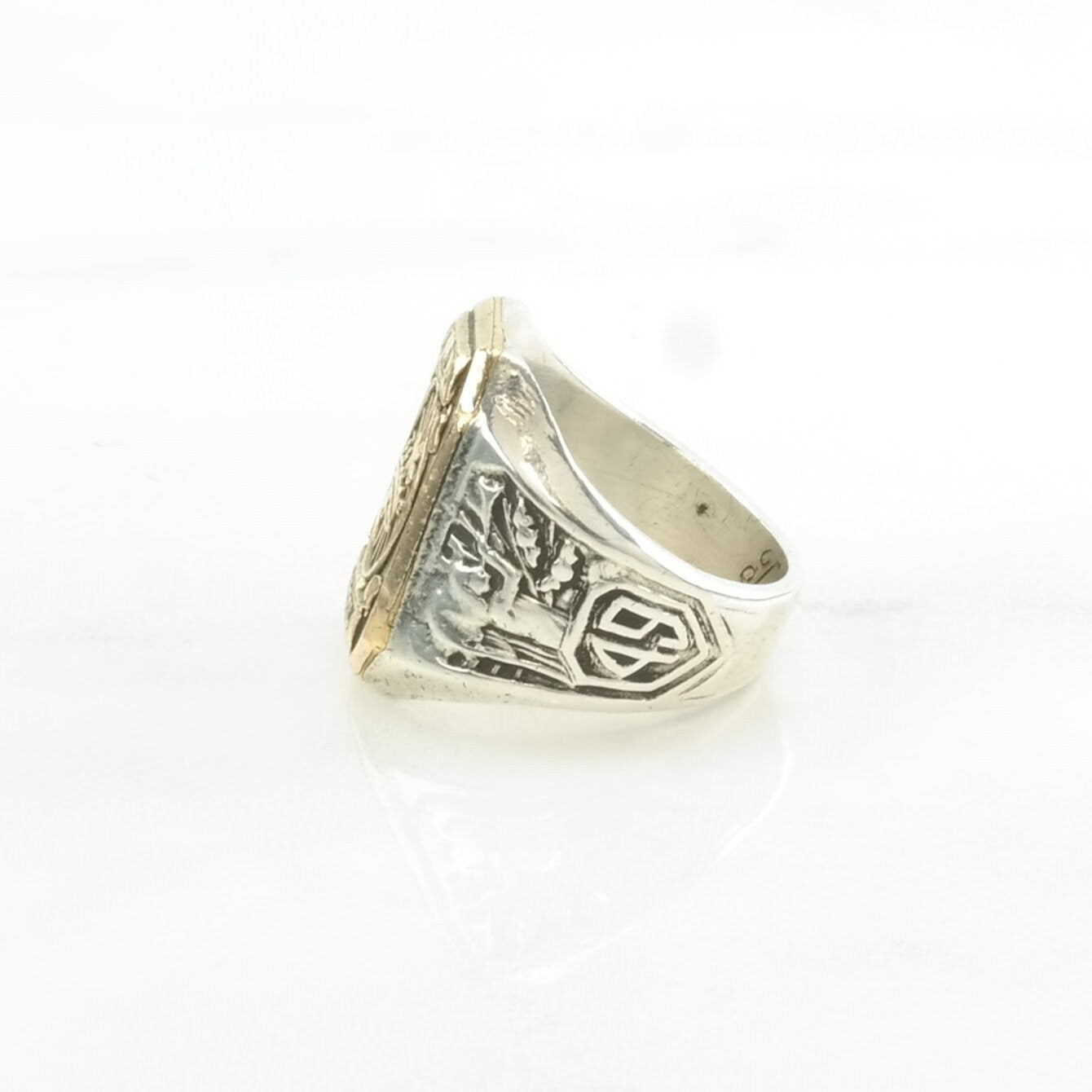 Vintage Almost Antique Silver Ring 1948, Gold Top St. L School, Cross, Crown Sterling Size 3 3/4