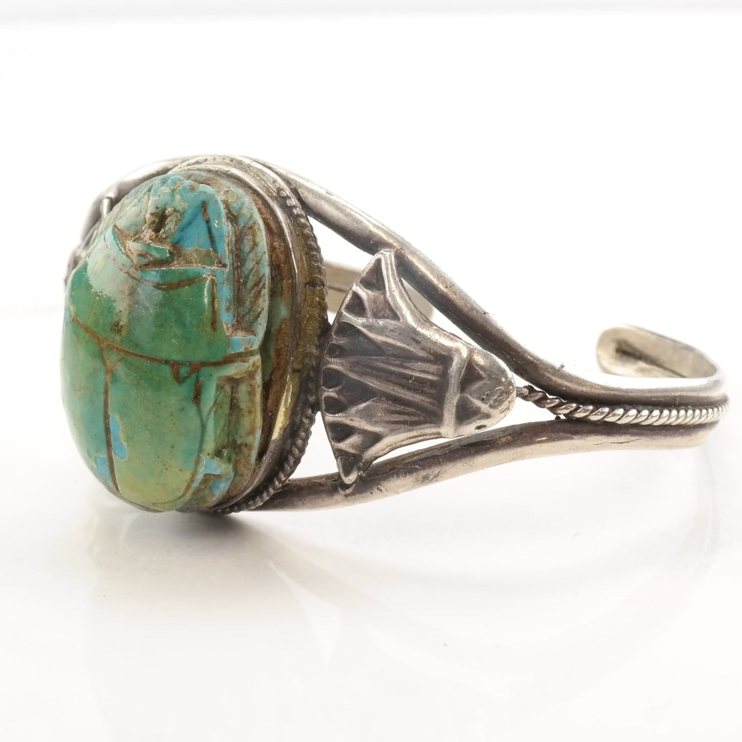 Archeological Revival Sterling Silver Cuff Bracelet Wood Scarab