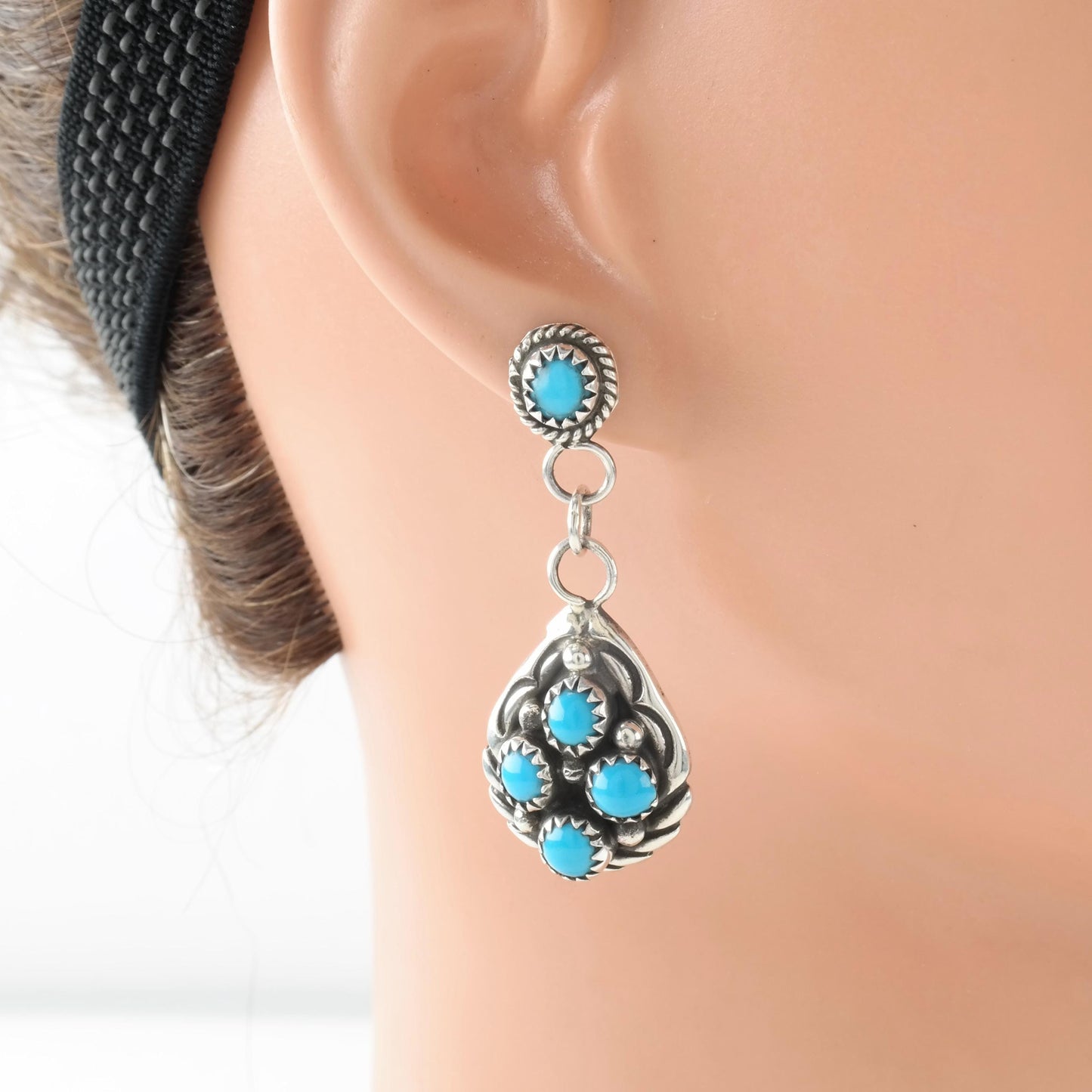 Vintage Native American Turquoise Stud Dangle Earrings Cluster Sterling Silver Blue Raindrop