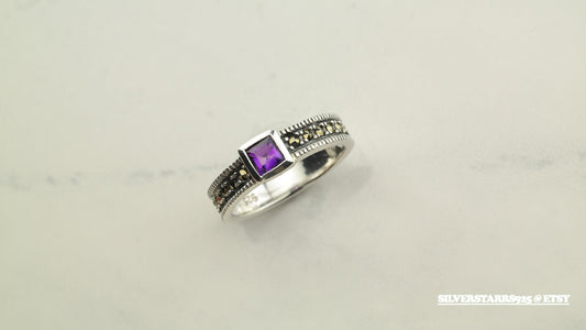 Stackable Silver Ring Amethyst Marcasite Sterling Purple Size 6.5