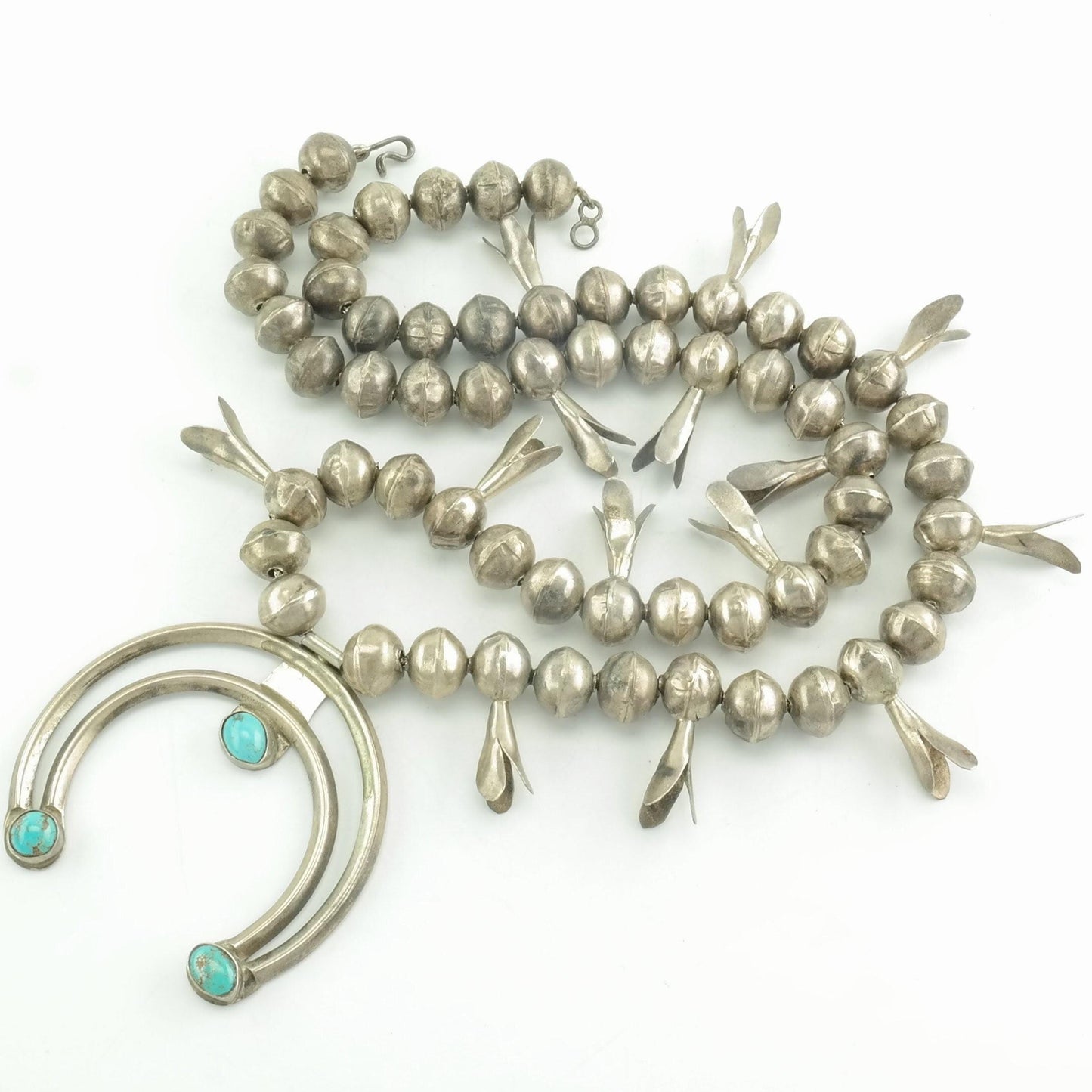 Vintage Native American Sterling Silver Turquoise Squash Blossom Necklace