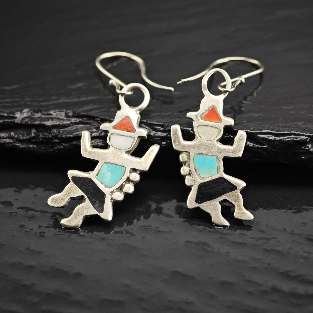 Native American Kachina Multistone Inlay Sterling Silver Dangle Earrings ER3212