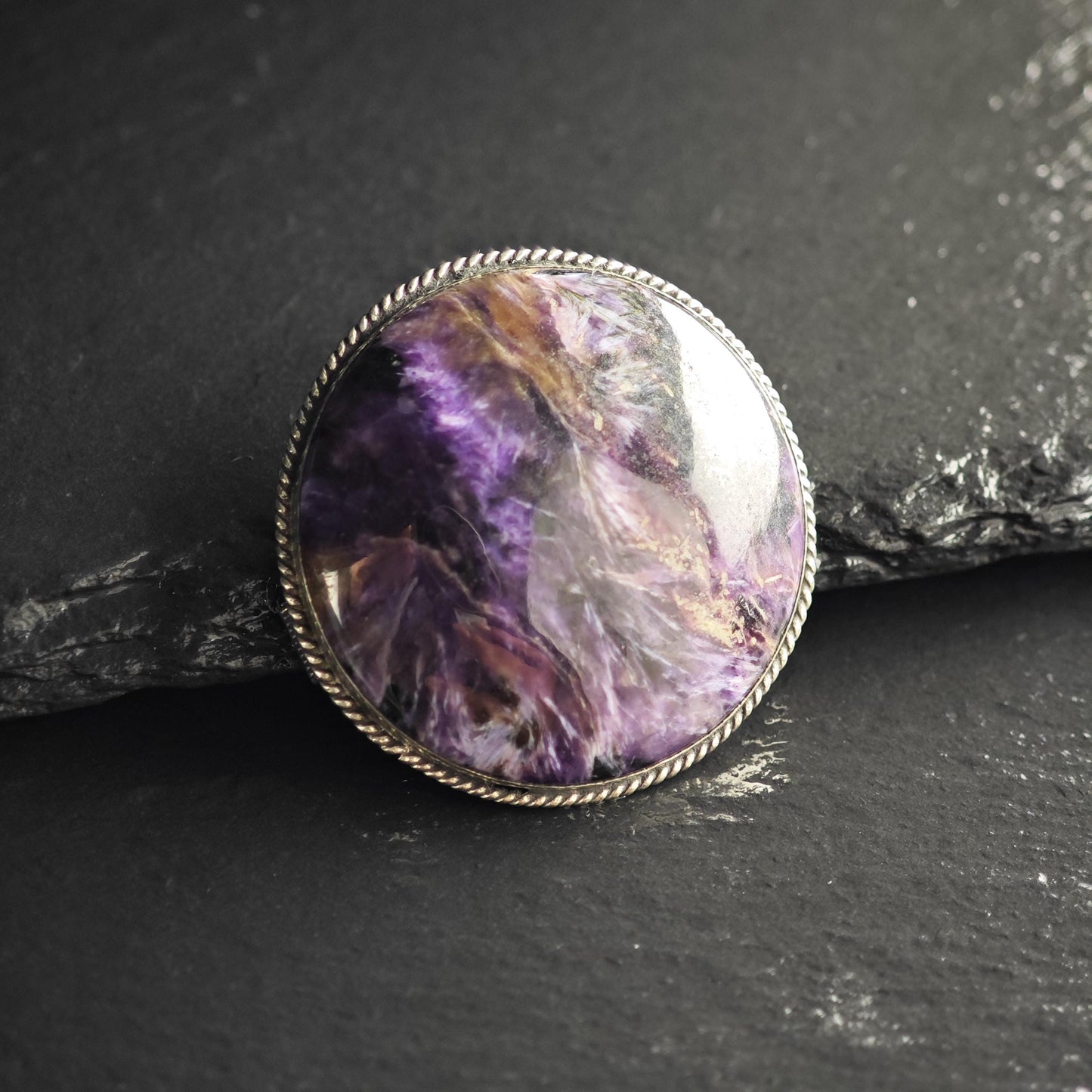 Charoite Round Brooch in Sterling Silver