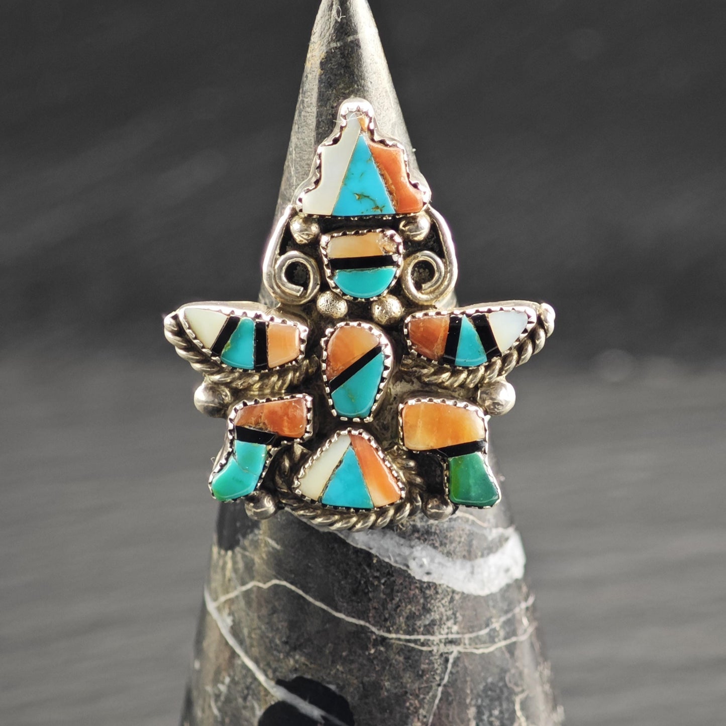 Zuni Inlay Dancer Sterling Silver Ring Sz 6 3/4 R6624