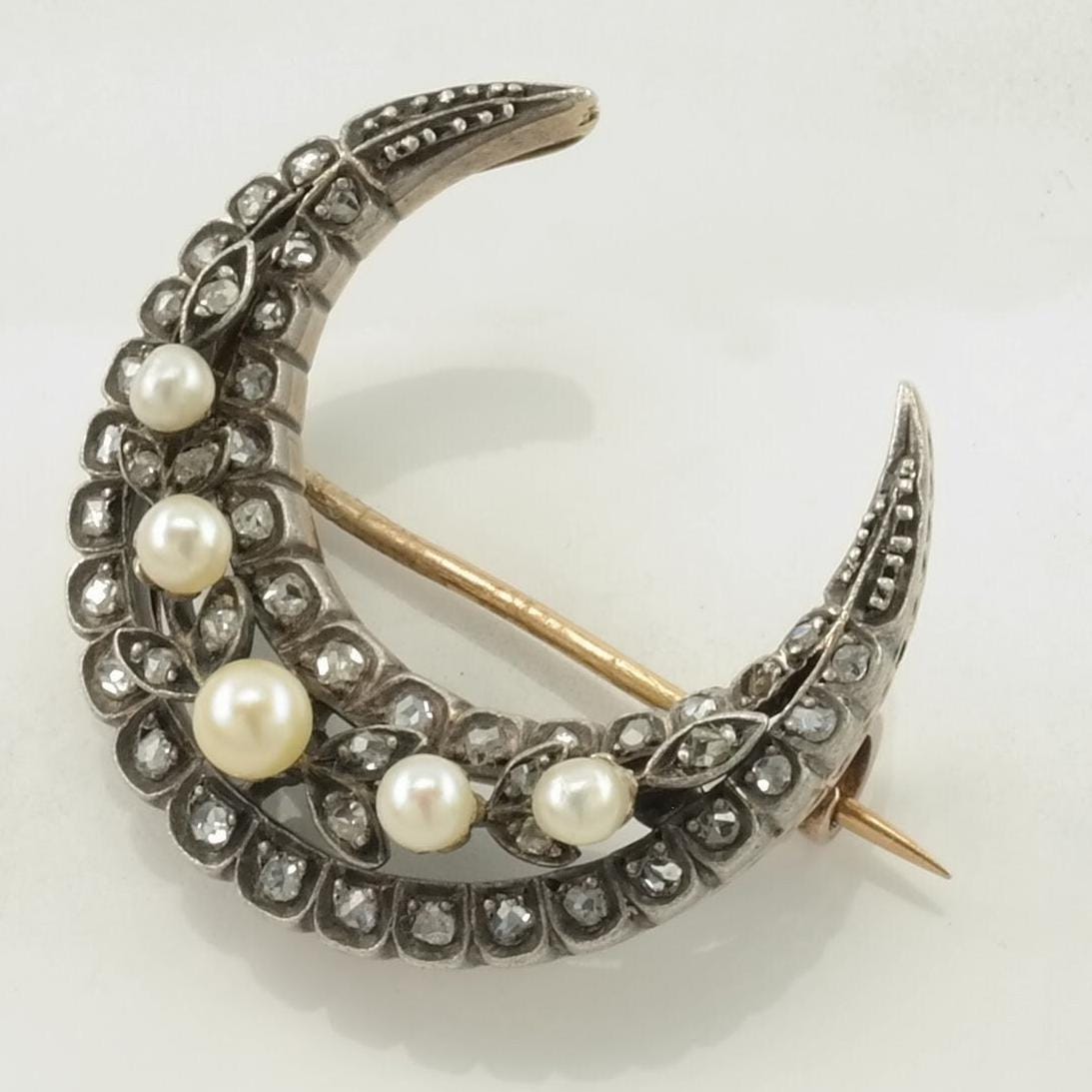 Victorian Rose Cut Diamond Crescent Brooch 14k Gold on Silver Natural Pearl