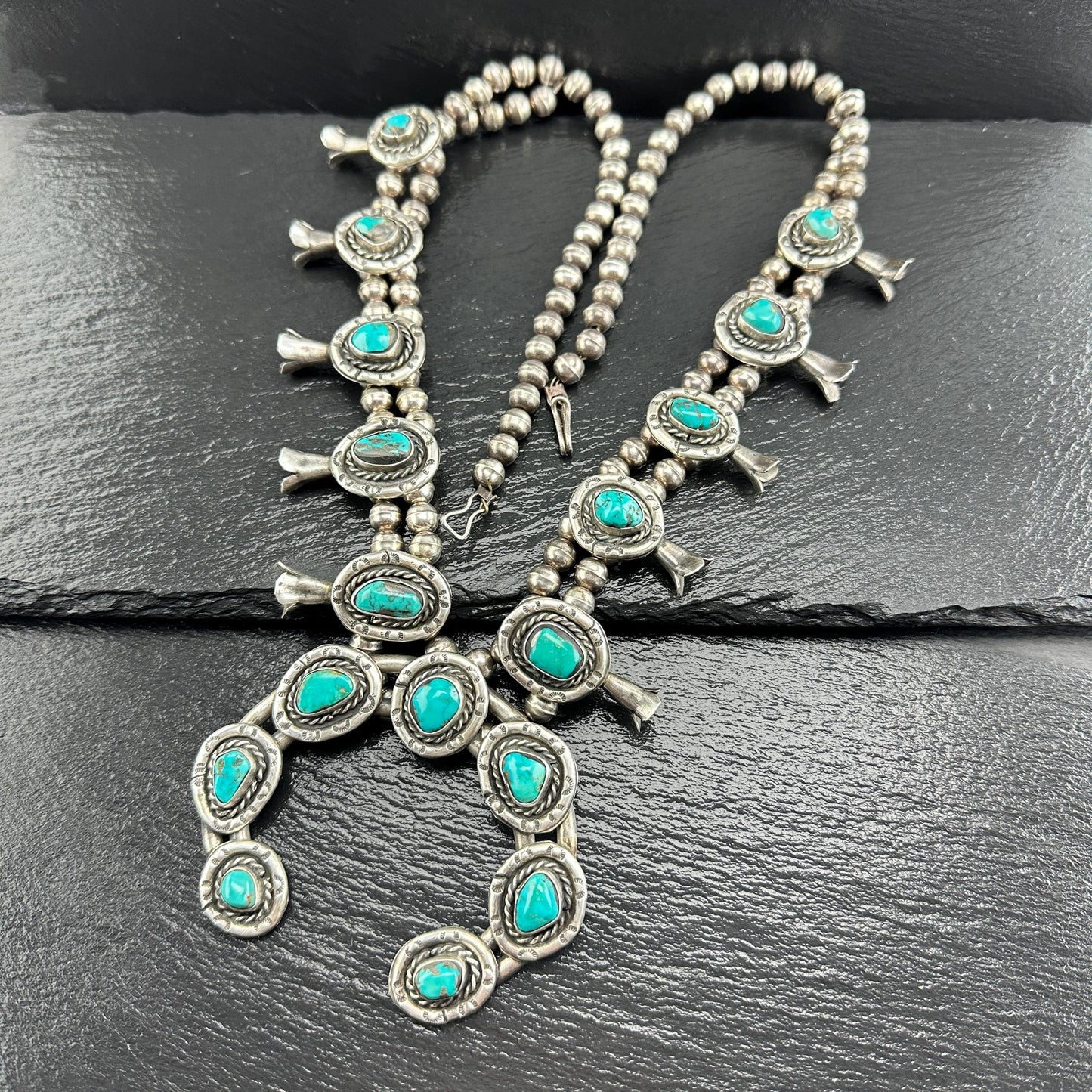 Squash Blossom Necklace with Blue Turquoise Stamped Native American Design Sterling Silver