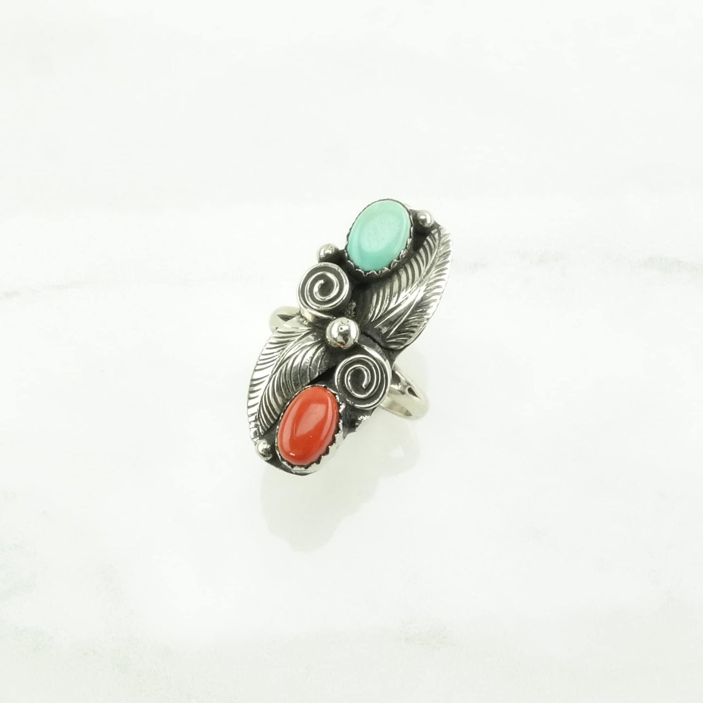 Native American Silver Ring Turquoise, Coral Leaf Sterling Green, Red Size 5 3/4