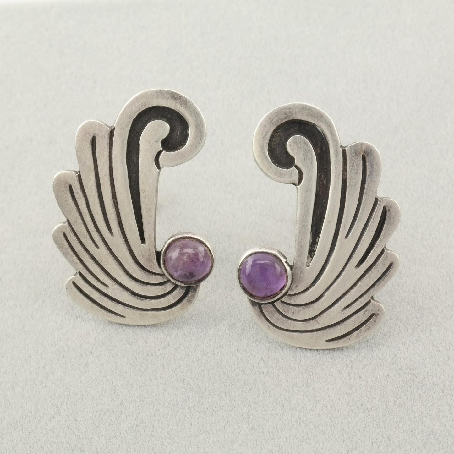 Vintage Taxco Amethyst Sterling Silver Screw Back Earrings Wings or Waves