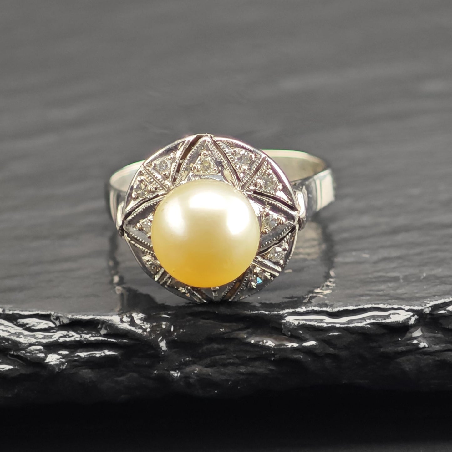 Art Deco Pearl Diamond Palladium Silver Ring Sz 6 1/2 R6715