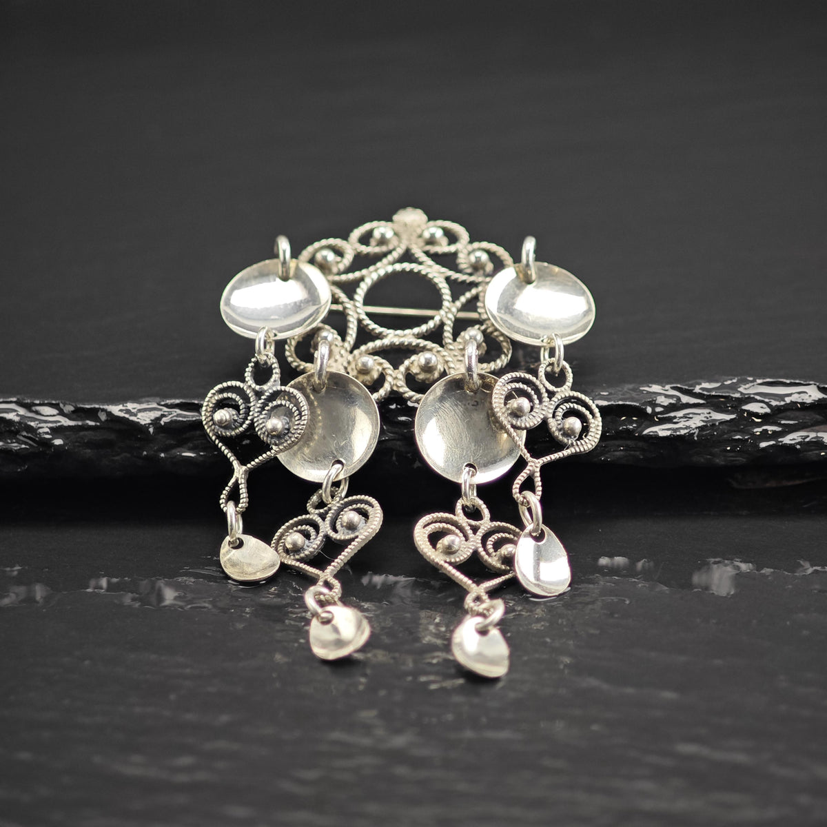 Scandinavian Dangle Hearts Sterling Silver Brooch B2266
