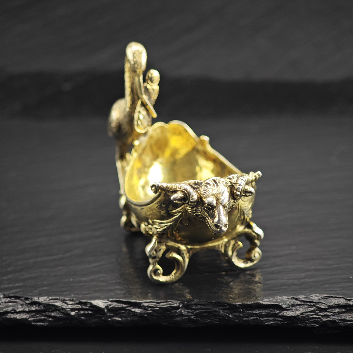 European Gold Gilded Stork/Baby with Ramhead Crib Sterling Silver Bowl Figurine MISC0395
