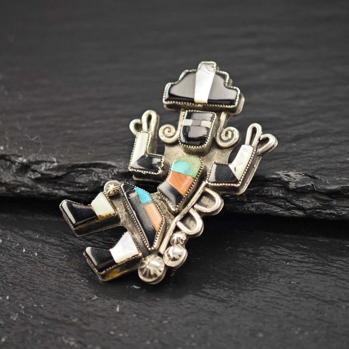 Zuni Sterling Silver Brooch Kachina Gemstone Inlay