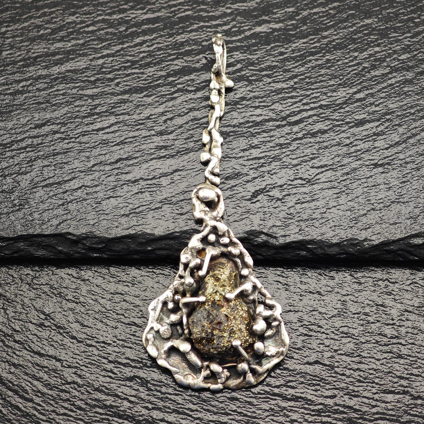 Vintage Sterling Silver Druzy Pendant Unique Brutalist Design
